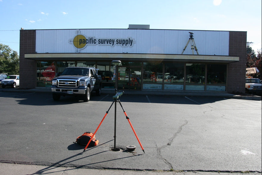 Survey equipment in front of Pacific Survey Supply store
